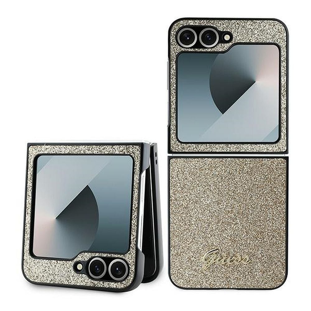Husa Guess pentru Samsung Galaxy Z Flip 6/Flip 7 FE, Model 4G Glitter Script, Auriu Engros