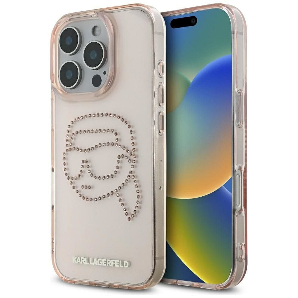 Husa Karl Lagerfeld pentru iPhone 16 Pro Max, KLHCP16XHKHDCELP, IML Rhinestones S K Head, Roz Engros