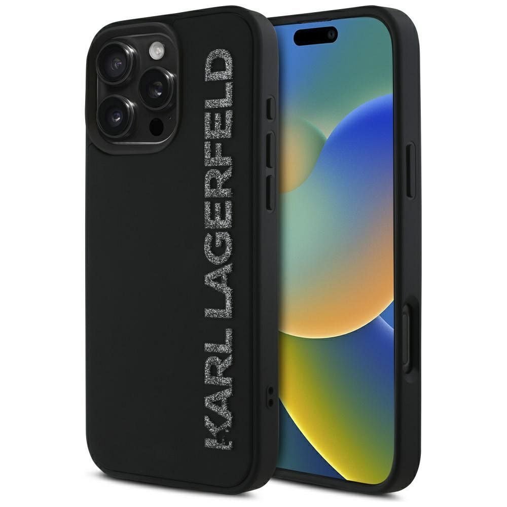 Husa Karl Lagerfeld pentru iPhone16  Pro, KLHCP16LRBKGVCK, 3D Rubber Elongated Glitter, Negru Engros