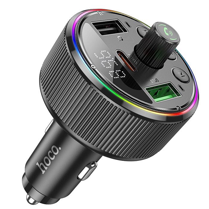 Incarcator Auto cu Modulator FM, Hoco E82, Lumini Ambientale, 2x USB si 1x Type-C, Microfon, Negru Engros