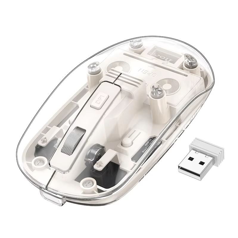 Mouse Wireless Hoco GM29, Conexiune 2.4G si Bluetooth 5.0, Design transparent, Conector USB, DPI ajustabil, Alb Engros