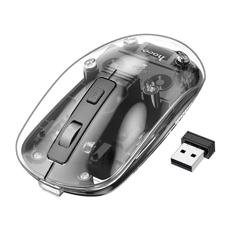 Mouse Wireless Hoco GM29, Conexiune 2.4G si Bluetooth 5.0, Design transparent, Conector USB, DPI ajustabil, Negru Engros