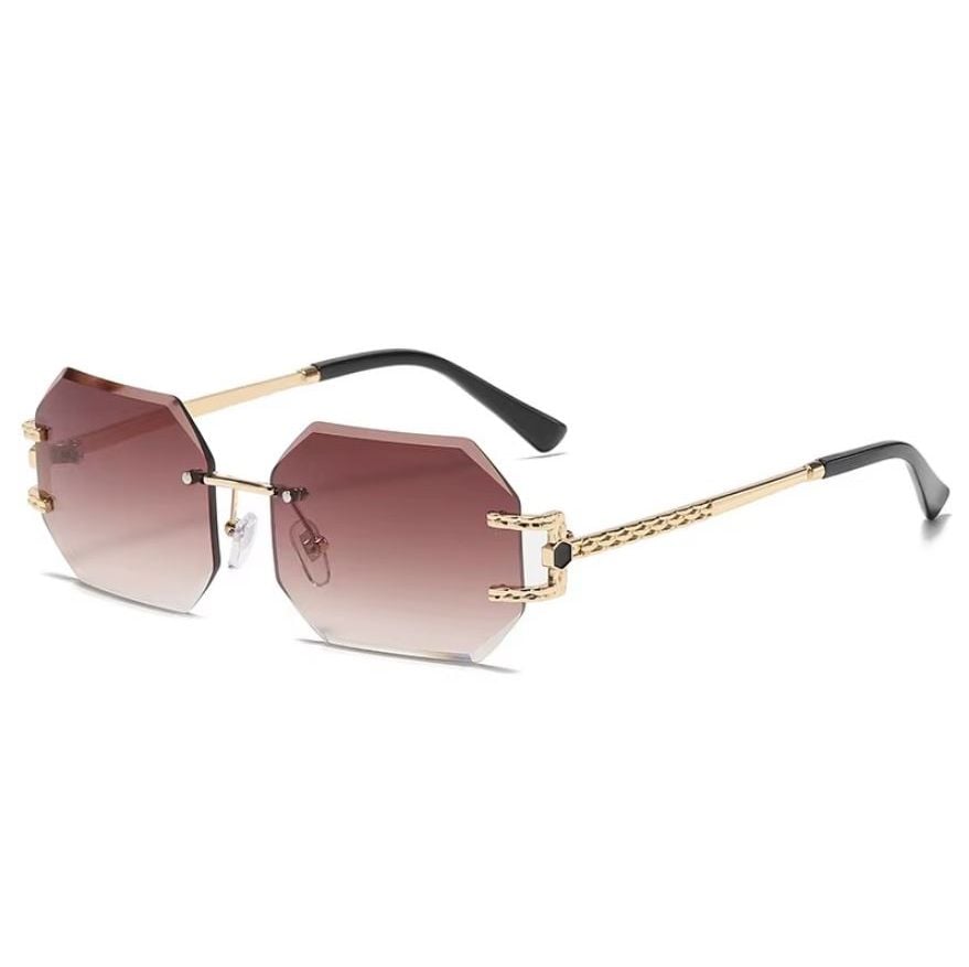 Ochelari de Soare Hexagon, Fara rama, Protectie UV400, Brate metalice aurii, Maro Engros