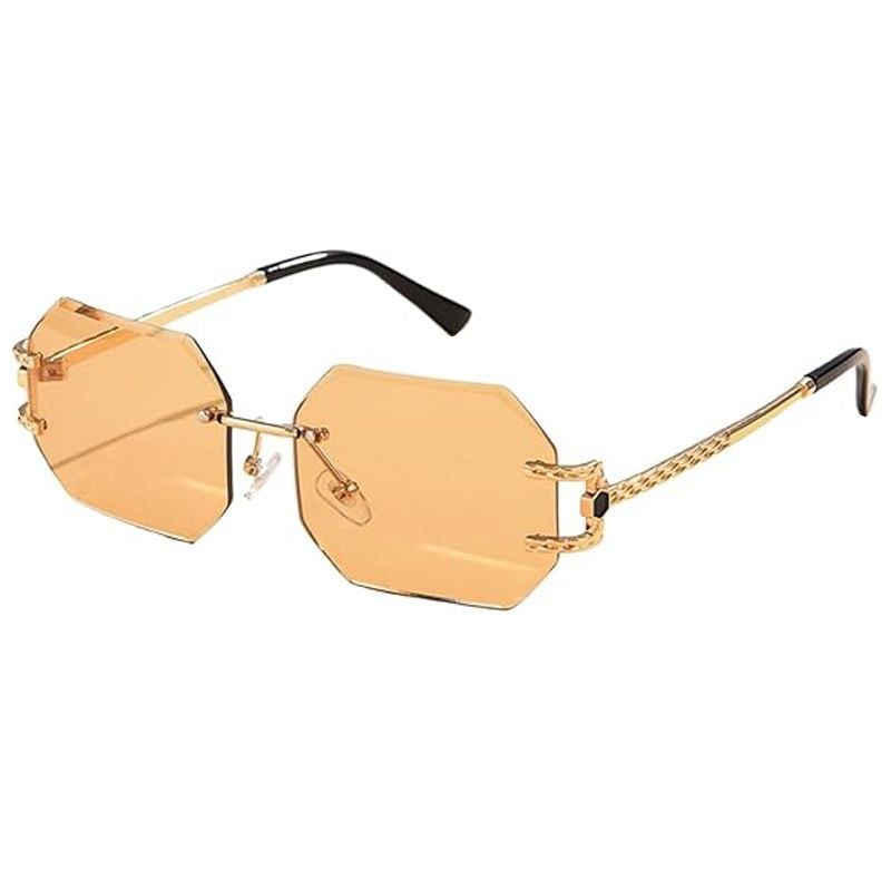 Ochelari de Soare Hexagon, Fara rama, Protectie UV400, Brate metalice aurii, Portocaliu Engros