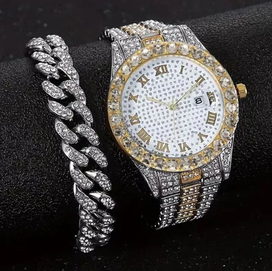 Set Cadou 2 Accesorii Cubaneze, Ceas + Bratara, Cristale Zirconiu, Crystal Waterfall, Metal, Argintiu-Auriu Engros