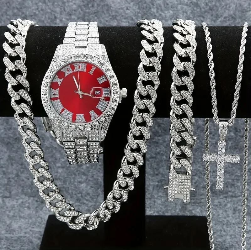 Set Cadou 4 Accesorii Cubaneze, Barbati, Ceas + Bratara + 2 Lanturi, Cristale Zirconiu, Model Crystal Cuban, Argintiu si Rosu Engros