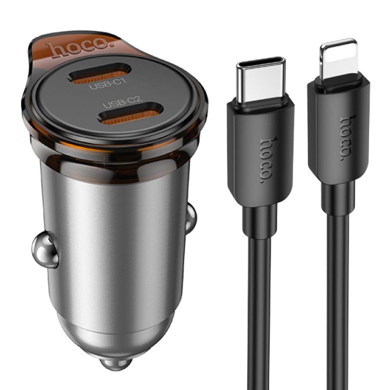 Set Incarcare Auto iPhone, Hoco NZ16B + Cablu Lightning 1M, Incarcare rapida 45W, Gri Engros