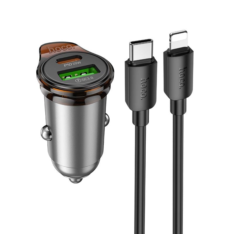 Set Incarcator Auto pentru iPhone, Hoco NZ16A + Cablu Lightning 1M, Incarcare rapida 43W, Gri Engros