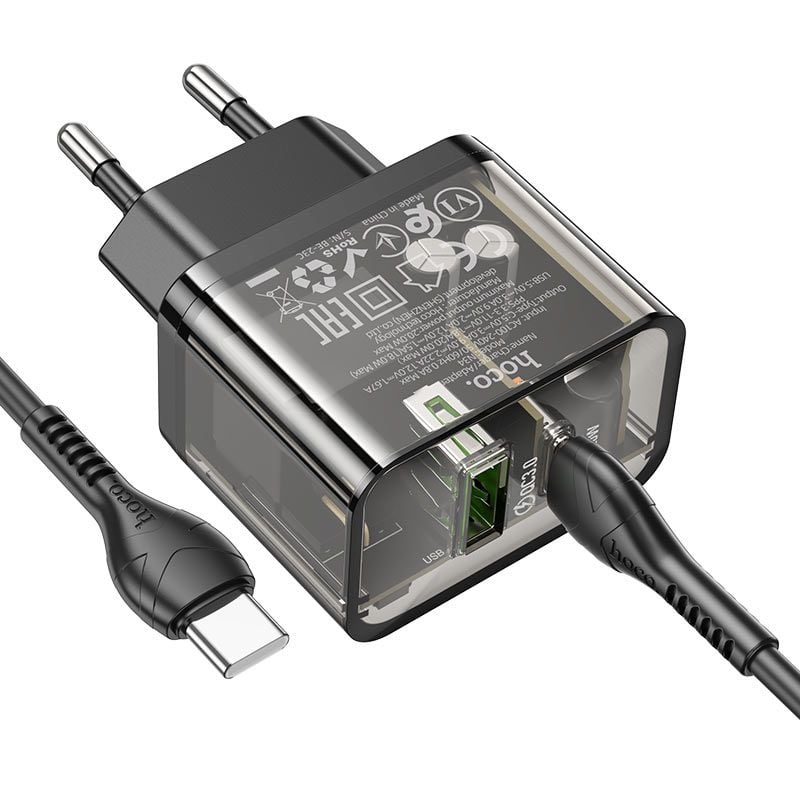 Set incarcator pentru iPhone 15/16 si Android, Adaptor Hoco N34 + Cablu Type-C, Incarcare rapida 20W, Negru Engros