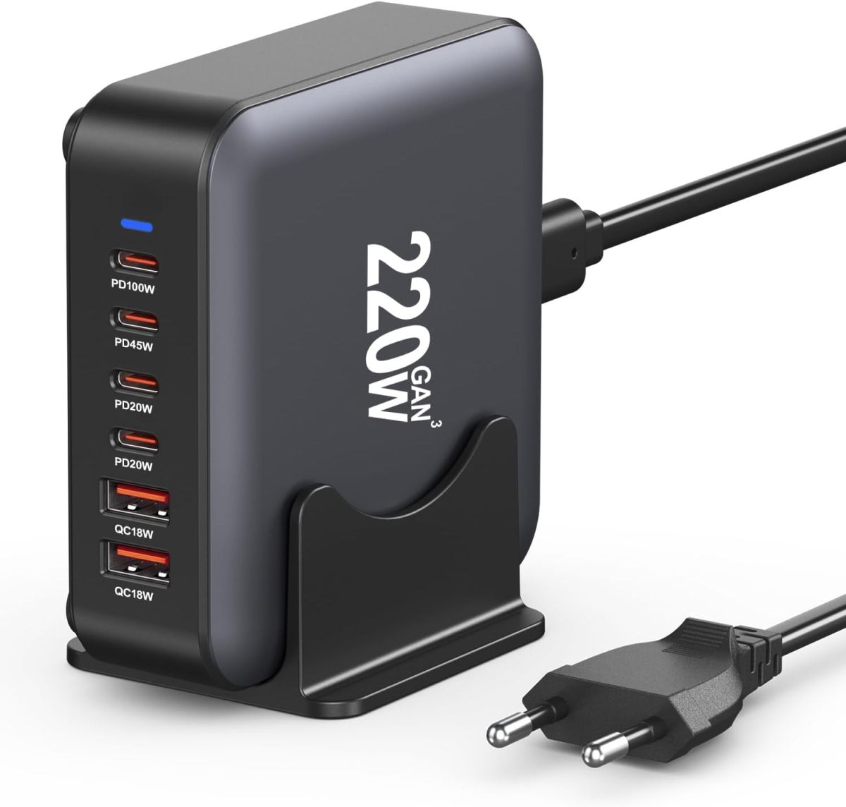 Statie Alimentare G-B36 cu 6 Porturi, 220W, USB + Type-C, Adaptor + Cablu pentru Priza EU, Negru Engros