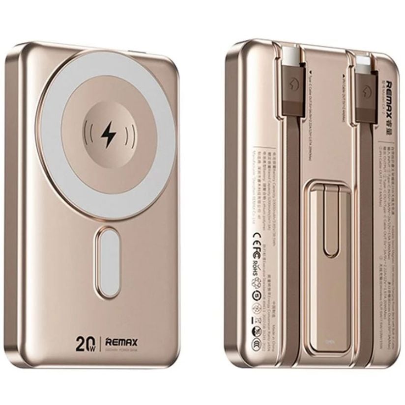Baterie Magnetica Remax CX-2, Incarcare wireless 15W, Cabluri Lightning si Type-C, 10.000mAh, Suport, Rose Gold Engros