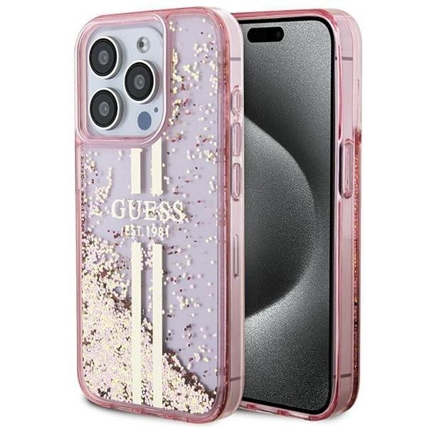 Husa Guess pentru iPhone 15 Pro, Liquid Glitter, Gold Stripes, Roz Engros