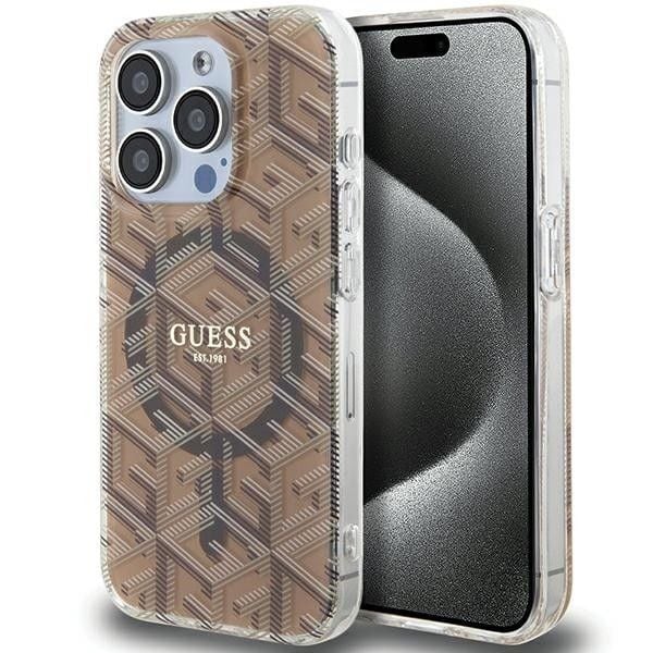 Husa Guess pentru iPhone 15 Pro Max, Suport Magsafe, IML G Cube, Maro Engros