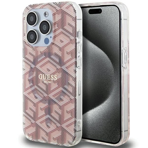 Husa Guess pentru iPhone 15 Pro Max, Suport Magsafe, IML G Cube, Roz Engros