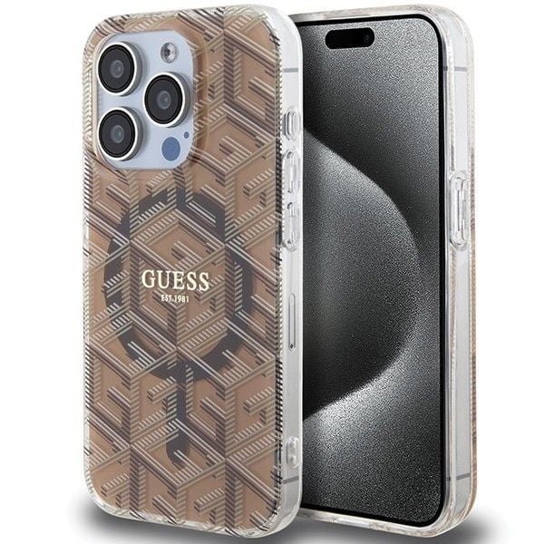 Husa Guess pentru iPhone 15 Pro, Suport Magsafe, IML G Cube, Maro Engros