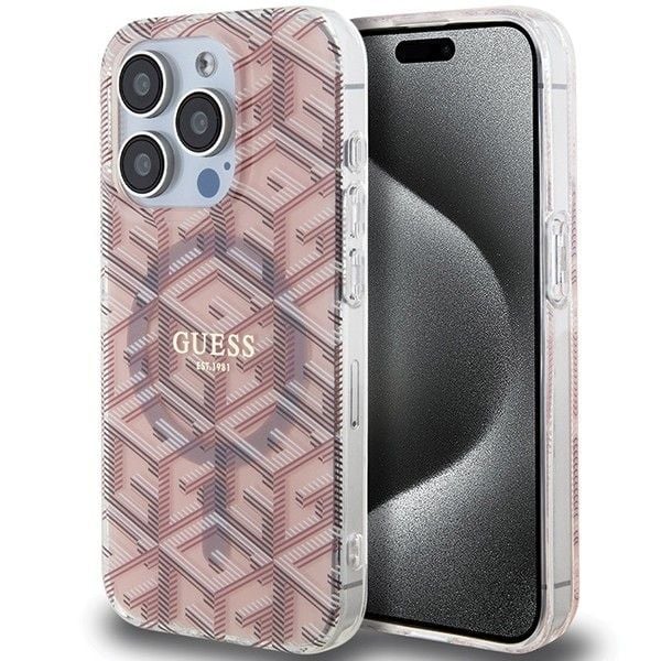 Husa Guess pentru iPhone 15 Pro, Suport Magsafe, IML G Cube, Roz Engros