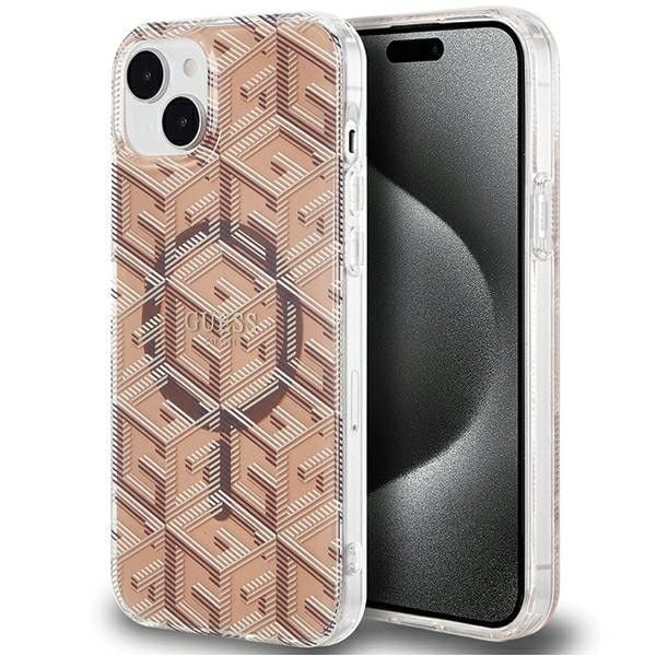 Husa Guess pentru iPhone 15, Suport Magsafe, IML G Cube, Maro Engros