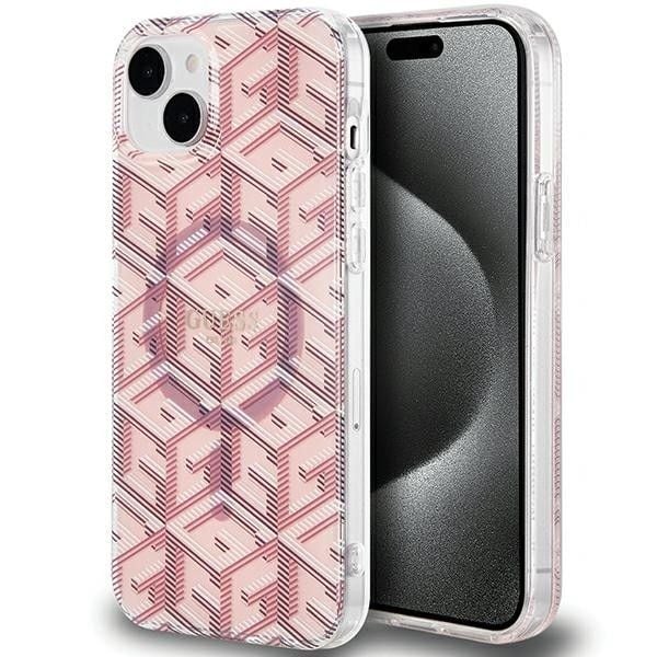 Husa Guess pentru iPhone 13/14/15, Suport Magsafe, IML G Cube, Roz Engros