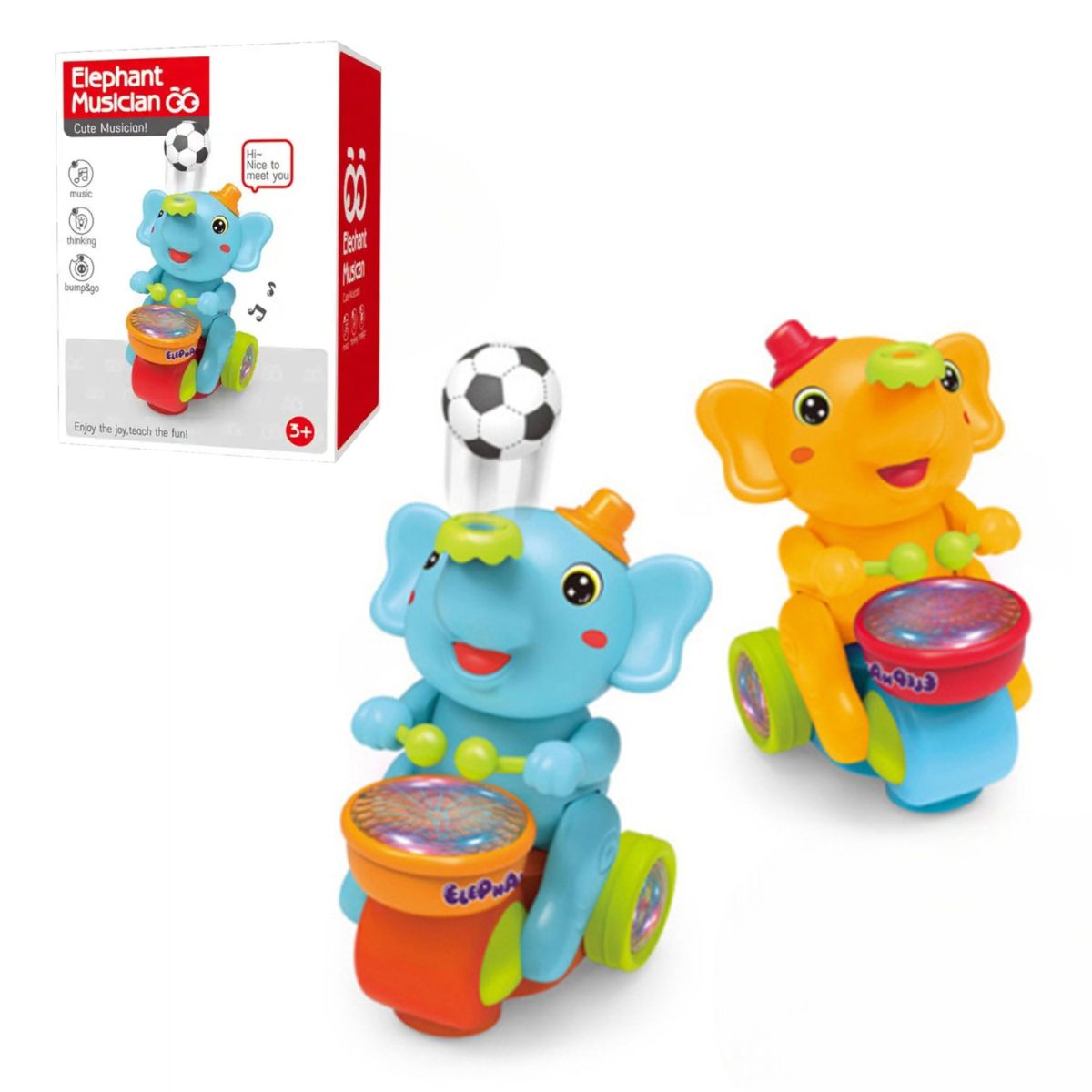 Jucarie Interactiva Elefant 21x16cm, cu Tobă, Mingiuță, Lumină și Sunet Diferite Culori Engros