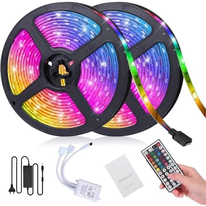Banda LED 10 m Engros RGB, 2 x 5 m, cu telecomanda
