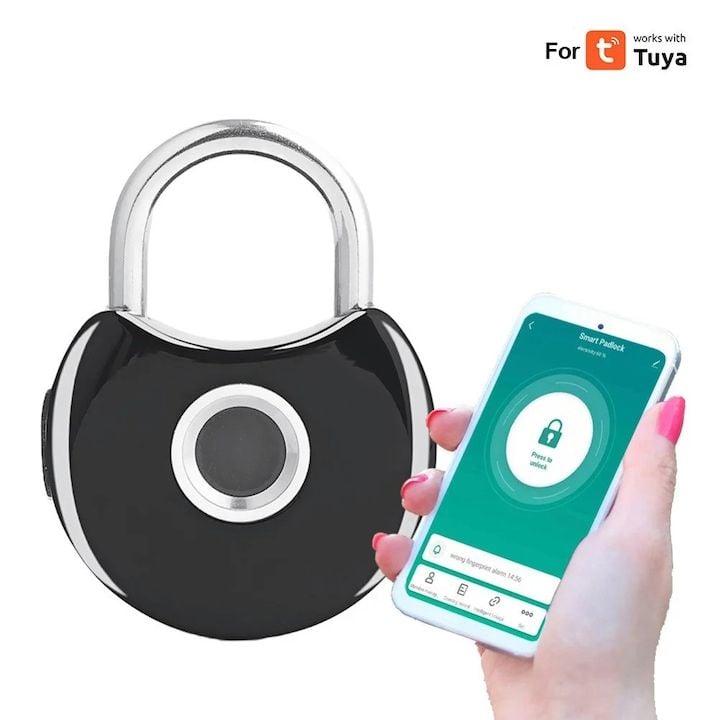 Lacat inteligent engross, cu aplicatie, negru, USB reincarcabil, rezistent la apa, fara cheie, pentru Tuya