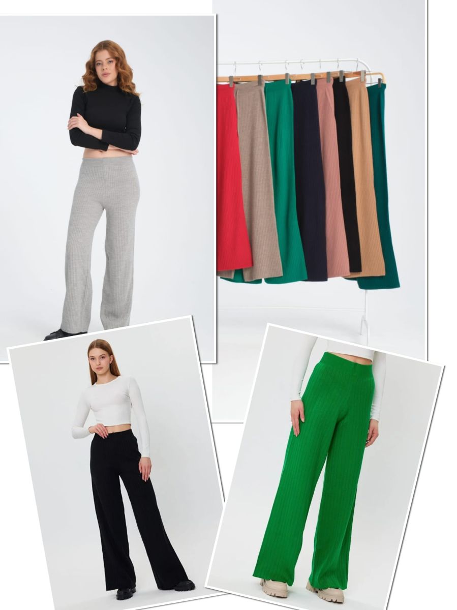 Pantaloni tricotati cu nervuri si talie elastica, en-gross