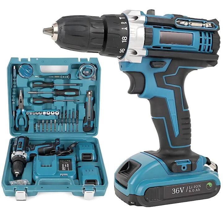 Masina de Gaurit si Insurubat cu Percutie engross,bormasina,  Autofiletanta 36V 8.0Ah, Putere 500W, 2 Acumulatori, 34 Accesorii, Statie Incarcare, Valiza Transport Inclusa, Albastra