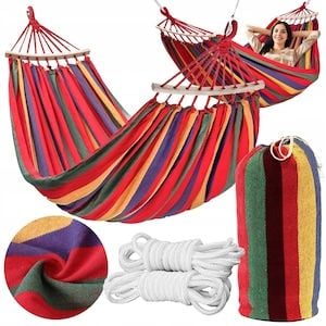 Hamac cu bara de lemn, din bumbac engross, pentru relaxare, dimensiuni 200*150 cm, cu bara de lemn, greutate maxima suportata 150 kg, multicolor