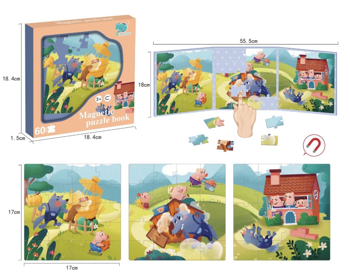 Magnetic Puzzle Book Engros – Povestea celor trei purceluși, 60 piese magnetice pentru copii