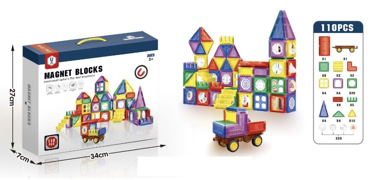 Set construcție magnetică Magnet Blocks Engros – 110 piese colorate, joc educativ STEM pentru copii 3+