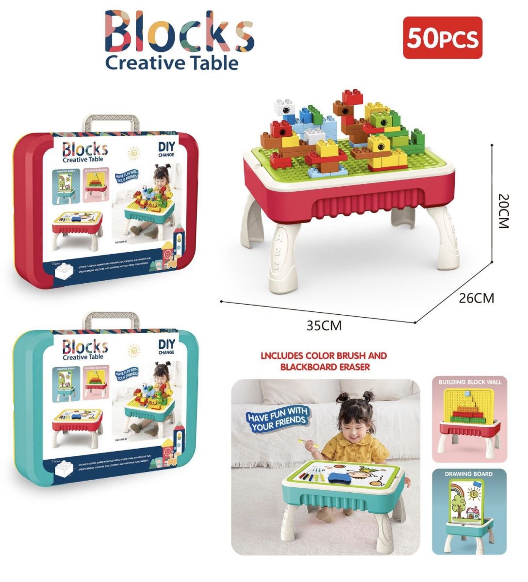 Masă Creativă cu 50 Piese de Construcție Engros – 2 în 1, Tableta de Desen și Blocuri, Joc Educativ Copii