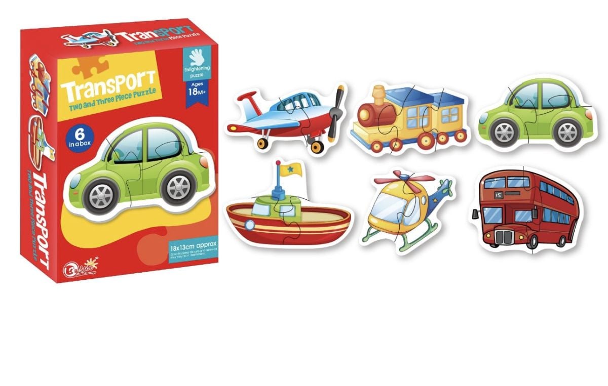 Puzzle Transport Engros – Set 6 Puzzle-uri Educative 2-3 Piese, Vehicule, pentru Copii 18+ luni