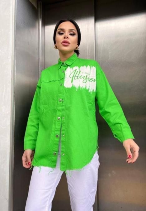 Cămașă Denim Dama Verde Inchis Cu Nasturi–En-Gros