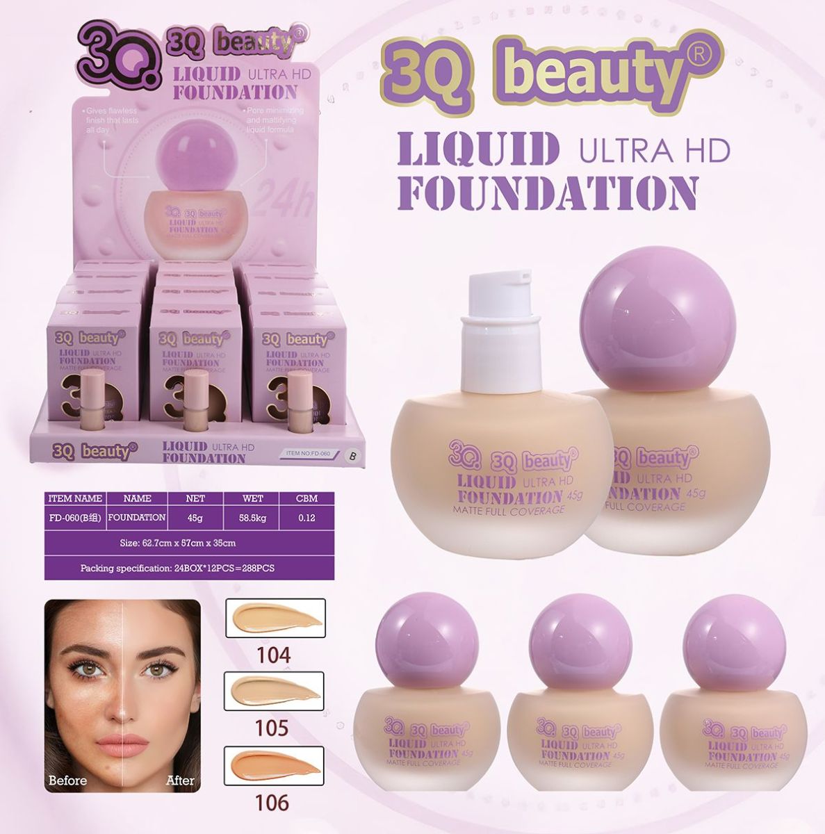 Fond de ten lichid 3Q Beauty Liquid Ultra HD Foundation – 45 g – FD-060 Engros
