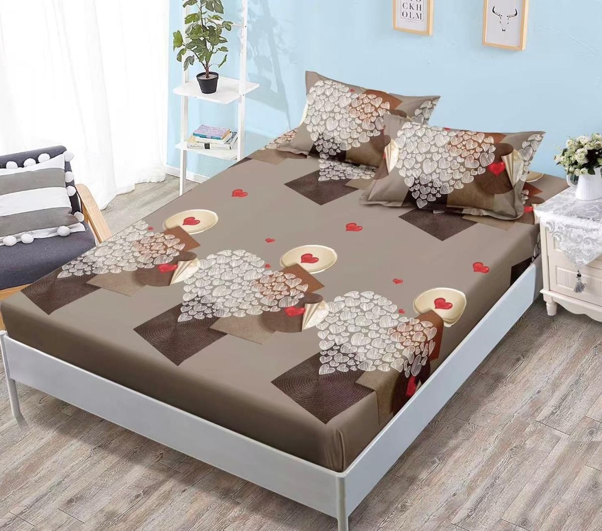 OFERTA Lenjerii cu Elastic En-Gros, Serie 3 Bucati Diferite, Material Bumbac tip Finet, 3 Piese, Cearceaf de Pat 180x200cm, cu 2 Fete de Perna 50x70cm Incluse