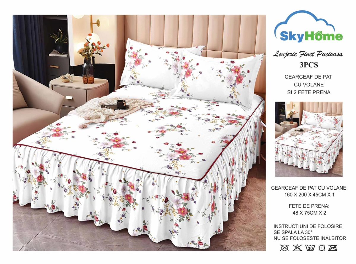 Set Lenjerie cu Volanase En-Gros, Verde, 3 Piese, Material Bumbac tip Finet, pentru Pat Dublu, 160x200, cu 2 Fete de Perna 48x75 Incluse