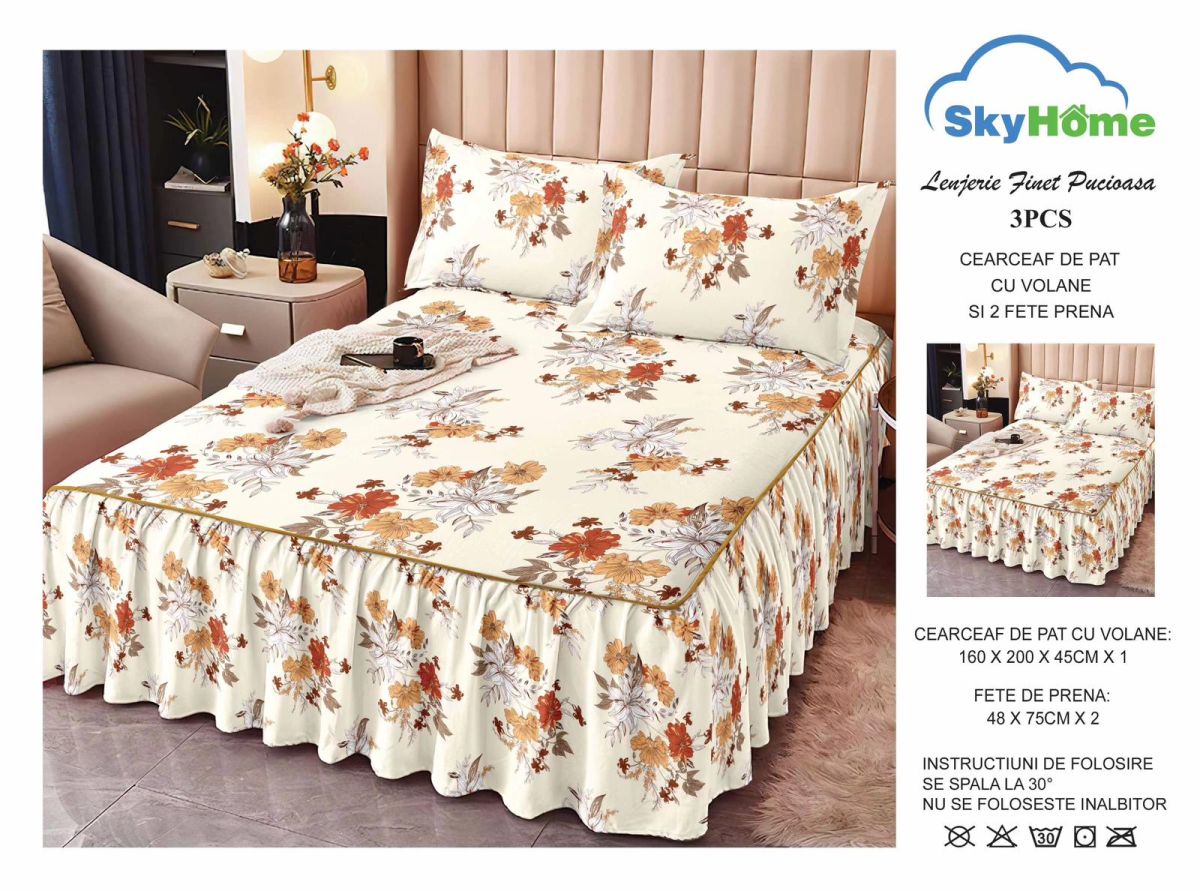 TRIO Lenjerii cu Volanase En-Gros, Serie 3 Modele Diferite, Material Bumbac tip Finet, pentru Pat Dublu, 160x200, cu 2 Fete de Perna 48x75 Incluse