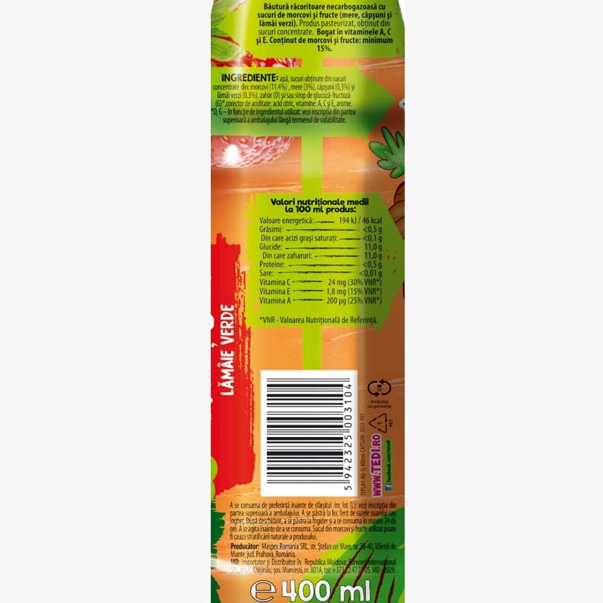 Suc Tedi Play Morcov, Zmeură și Lămâie – Gust vesel, plin de vitamine!, 400 ml Engros