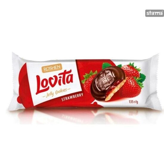 Biscuiti cu jeleu de capsuni si ciocolata Lovita Roshen, 135g Engros