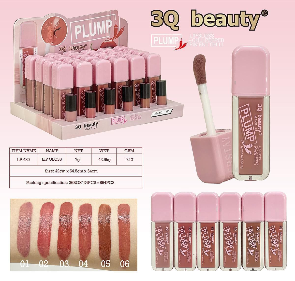Lip Gloss 3Q Beauty Plump LP-480 – efect volum instant, nuanțe intense și hidratare Engros