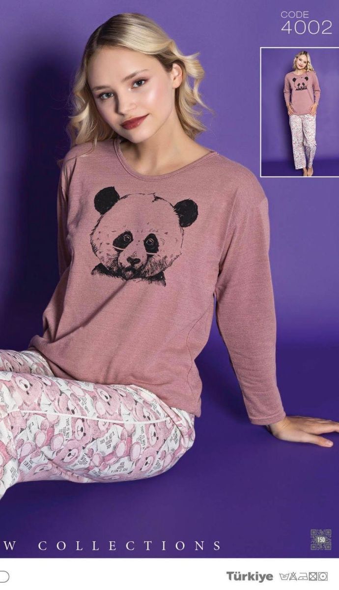 Pijamle, dama cu maneca lunga,cu imprimeu,ursulet negru,Engros