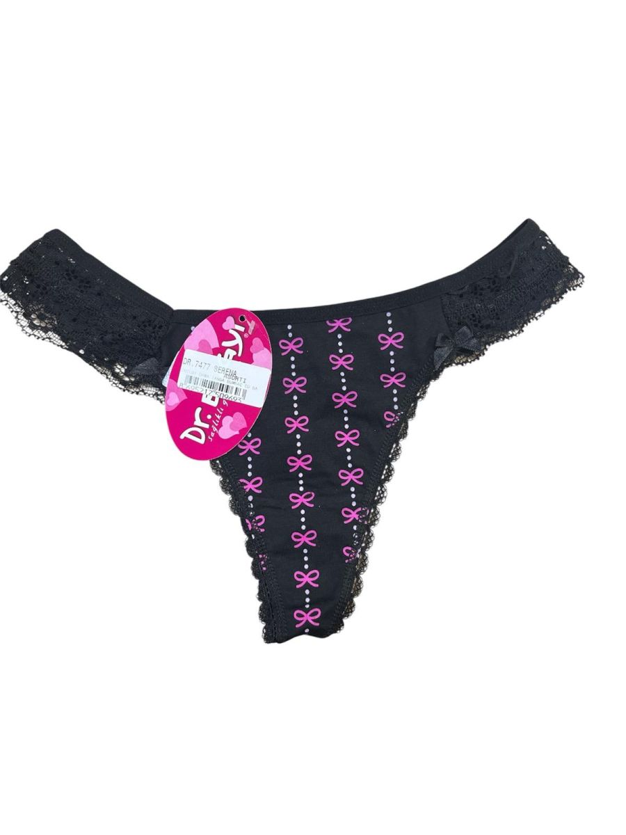 Chiloti Dama, Tanga , Dantelă Neagra cu Imprimeu Fundițe Roz, Engros