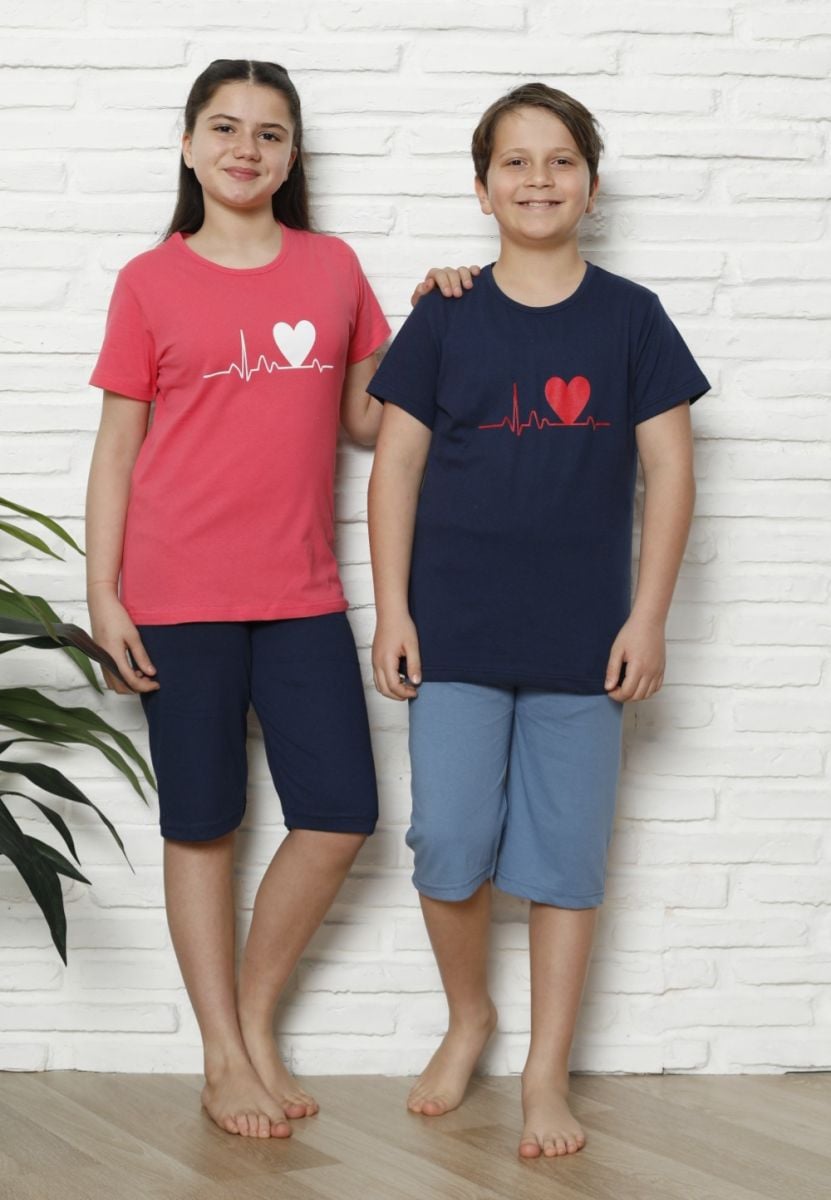 Pijama Copii cu maneca scurta si pantalon 3/4,culoare Coral si Bleumarin,  Engros