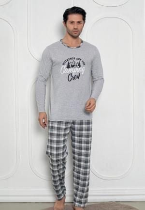 Pijama Bărbat, Mâneci Lungi și Pantaloni Lungi Asortați, Imprimeu ,,Camping\'\', Culoare Gri  Engros