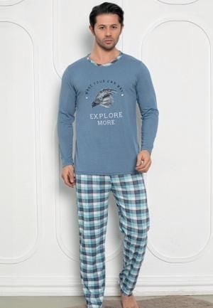 Pijama Bărbat , Mâneci Lungi și Pantaloni Lungi Asortați, Imprimeu ,,Explore More\'\',Culoare Albastru,Engros