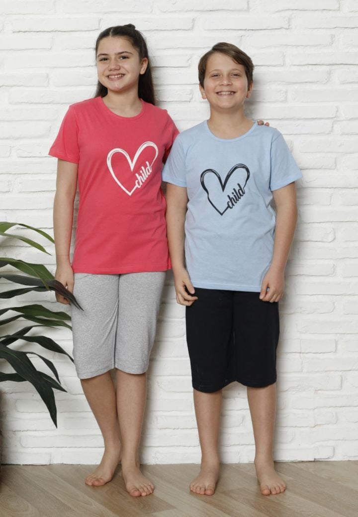 Pijama Copii cu maneca scurta si pantalon 3/4, culoare Coral si  Albastru deschis,Engros