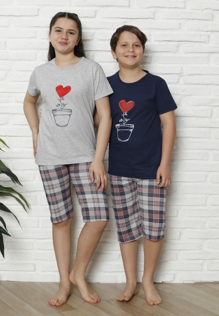 Pijama Copii cu maneca scurta si pantalon 3/4, culoare Gri si Bleumarin ,Engros