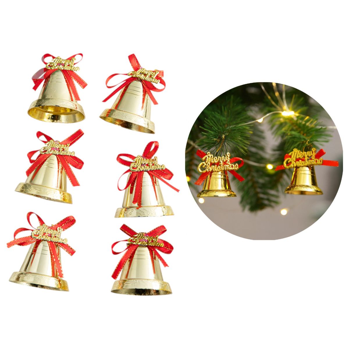 Ornament Brad 6/set Clopoței 5cm, din Plastic Auriu cu Fundiță și Inscripție Merry Christmas Engros