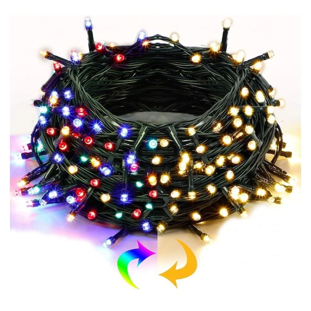 Instalatie de Craciun Liniara 2 in 1 30M -Alb Cald si Multicolor ENGROSS, Telecomanda cu 11 Jocuri de lumini interschimbabile, Lungime 30 metri, 150 leduri, Alimentare La Priza 220 V, Pentru Interior/Exterior, IP44
