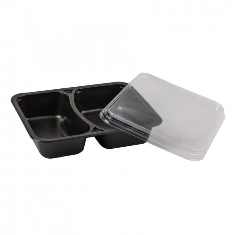 Set 100 Caserole negre PP, capac transparent, 2 compartimente
